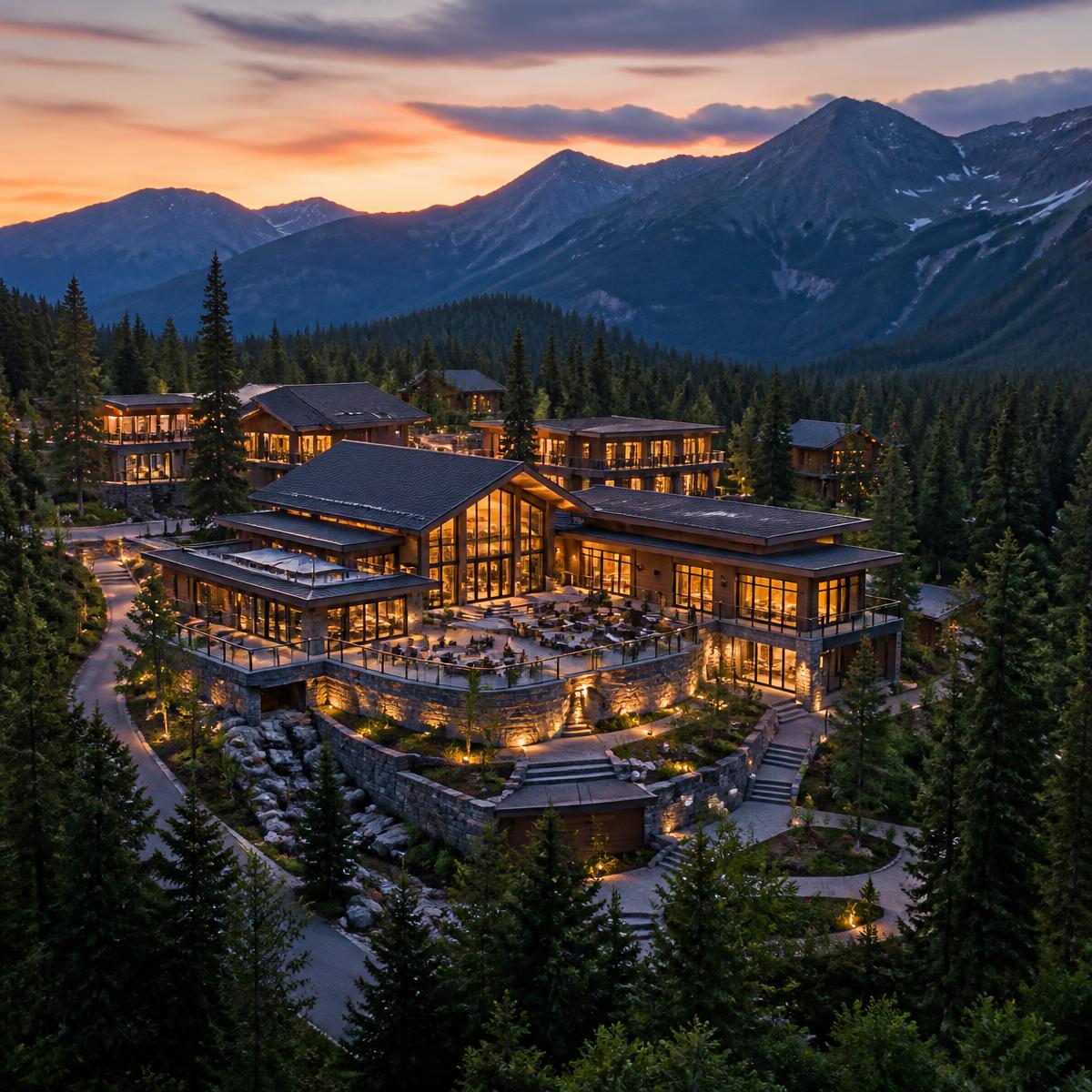 Contemporary hotel property at dusk