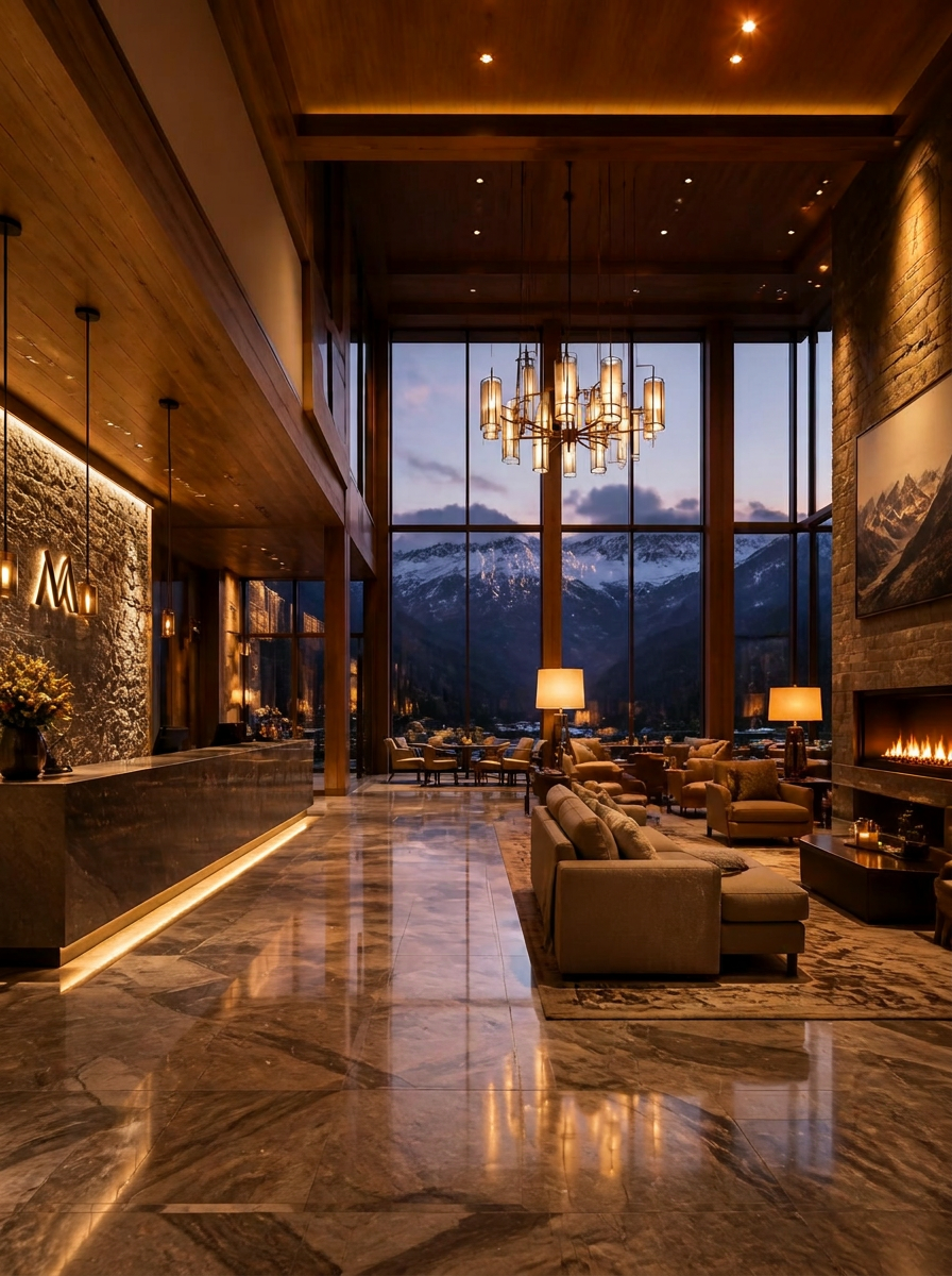 Hotel lobby at dusk